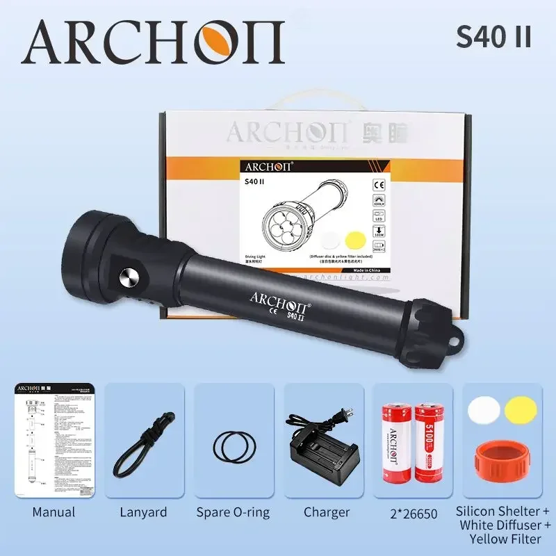 2025 S40 II 100m Waterproof Scuba Diving Light 6* White LEDs 4300LM Torch with Search Rescue Feature 26650 Flashlight