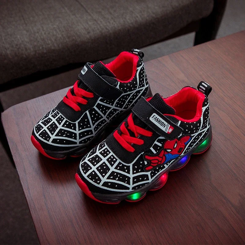 New Baby Girls Led Light Shoes Boys Cartoon Disney Spiderman Casual Sneakers Kids Spring Autumn Toddler Sport Flat Running Shoes