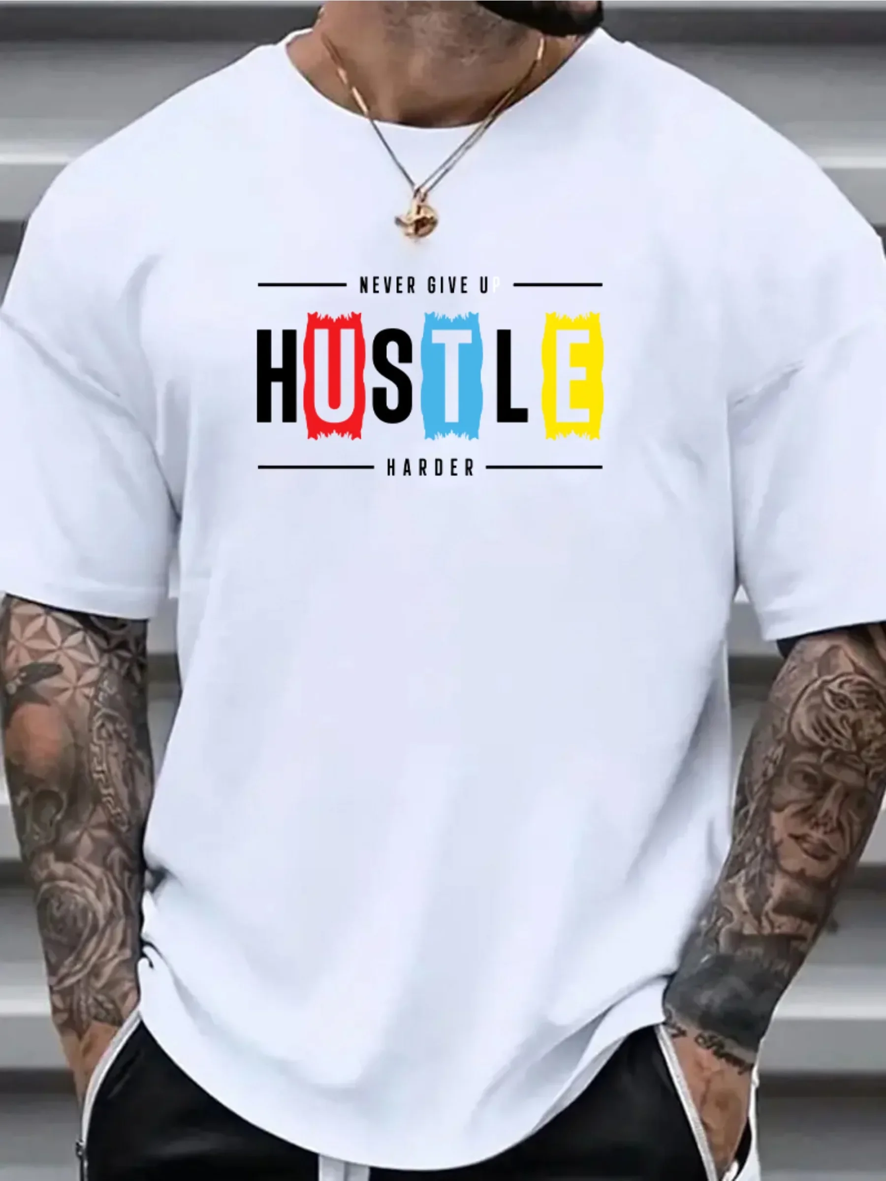 

Never Give Up Men's Inspirational T Shirt Casual Breathable Polyester Crew Neck Short Sleeve with HUSTLE HARDER Print