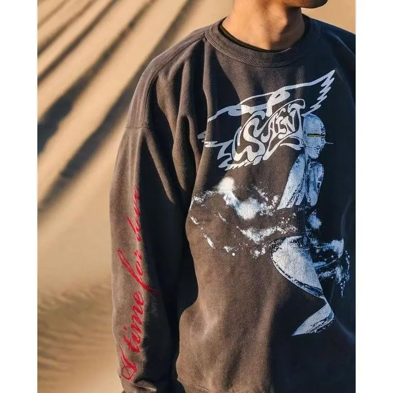 

Y2k Washed Fashion Cartoon Print Oversized High Street Casual Men Women Graphic T Shirts Autumn Popular Retro Hole Long Sleeve