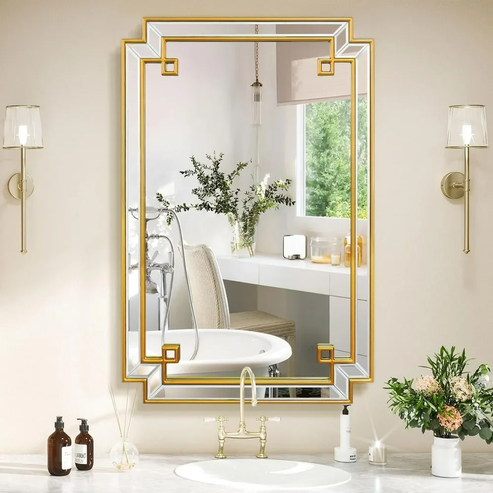 24 x 36 Inch Wall Decorative Mirror, Gold Rectangle Vanity Mirror with Wood Frame, Modern Decorative Wall Mirror for Living Room