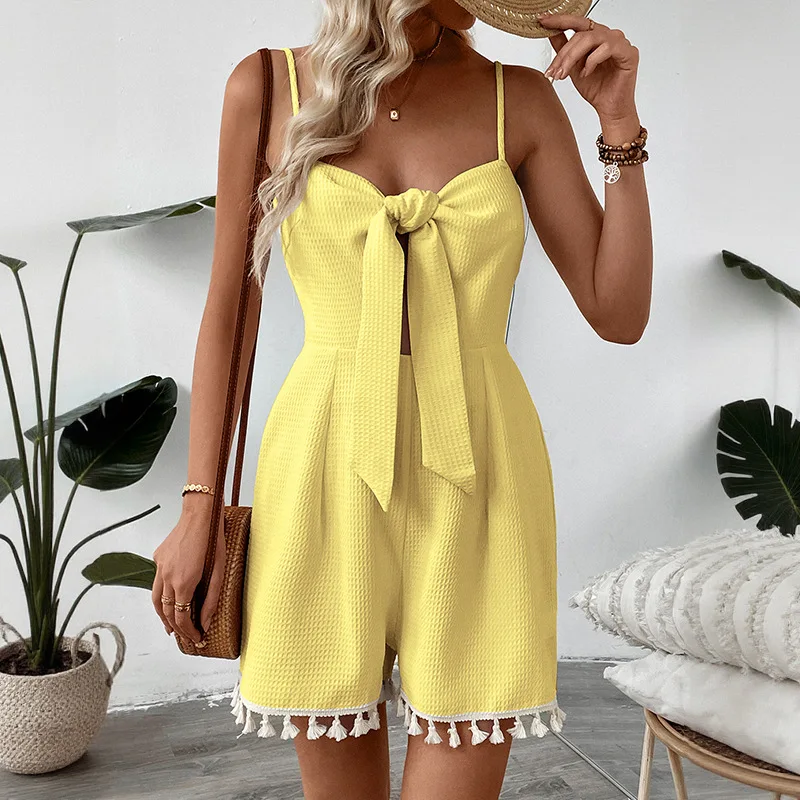 Best-selling European and American Spring-Summer Textured Waffle Pattern Solid Color Personalized Fringe Tied Jumpsuit Shorts