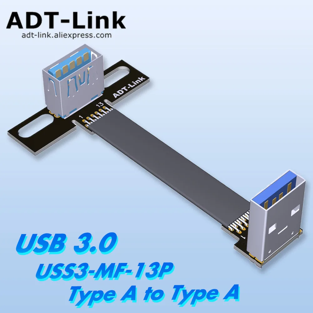 ADT 13Pin USB 3.0 Type A Extension Adapter Cable Type A Female To Type A Male Double Angled Flat Extension Adapter Cable