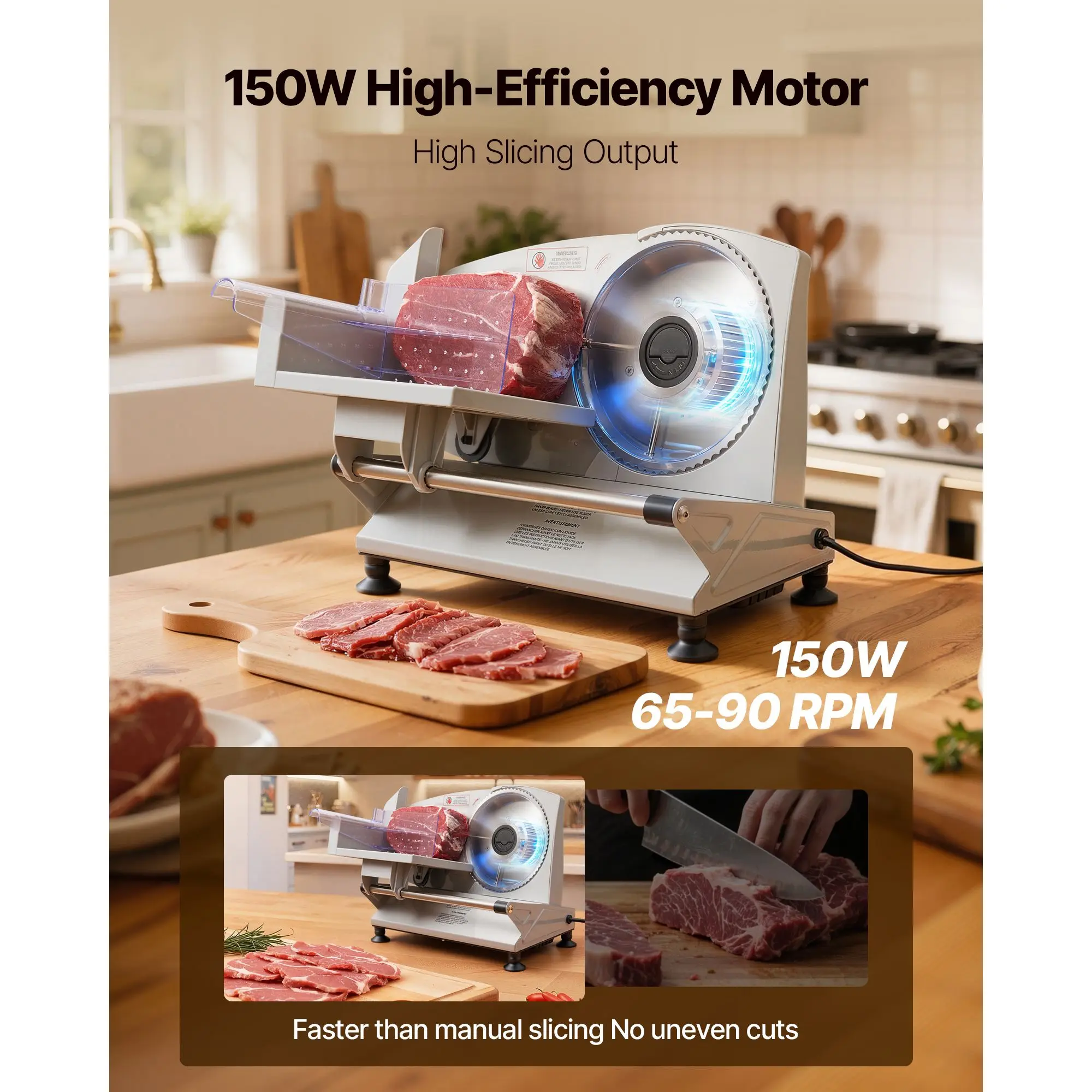 Meat Slicer, 6.7 inch 150W Electric Deli Machine with two SUS420 Blades, 0-0.6 inch Adjustable Thickness, ETL Certified Home
