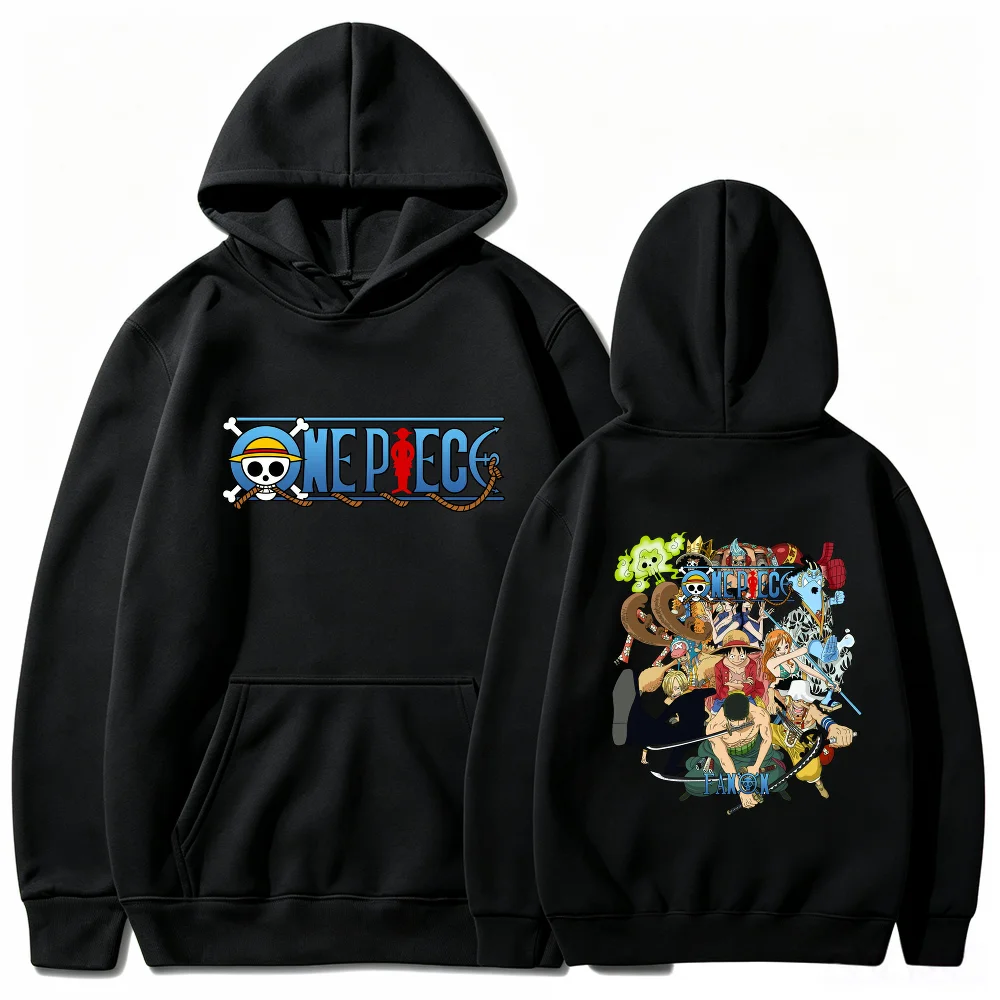 One Piece Straw Hat Crew Anime Hoodie Unisex Front Back Double Print One Piece Logo Drawstring Hooded SweatshirtKangaroo Pocket