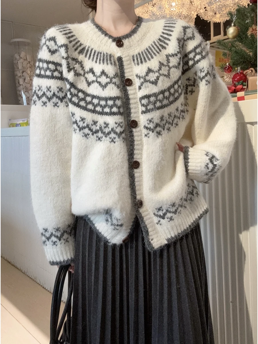 

Мягкий свободный универсальный женский вязаный свитер, пальто в стиле ретро, круглый открытый кардиган с узором «Ярма остров», зимняя модная одежда для поездок на работу