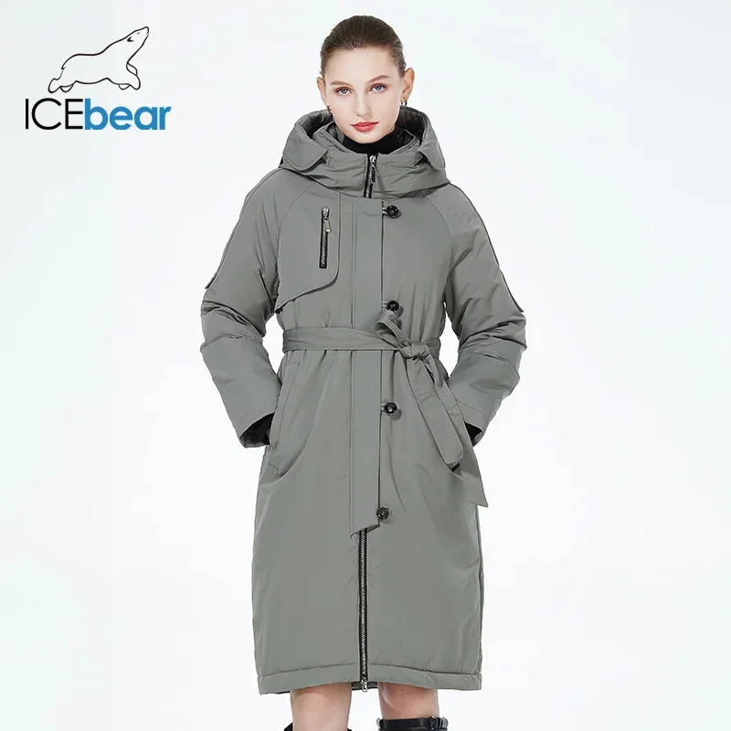 ICEbear 2023 New Winter Womens Jacket with Hood Warm Thickened Coat Windproof Parka With Belt GWD22599I