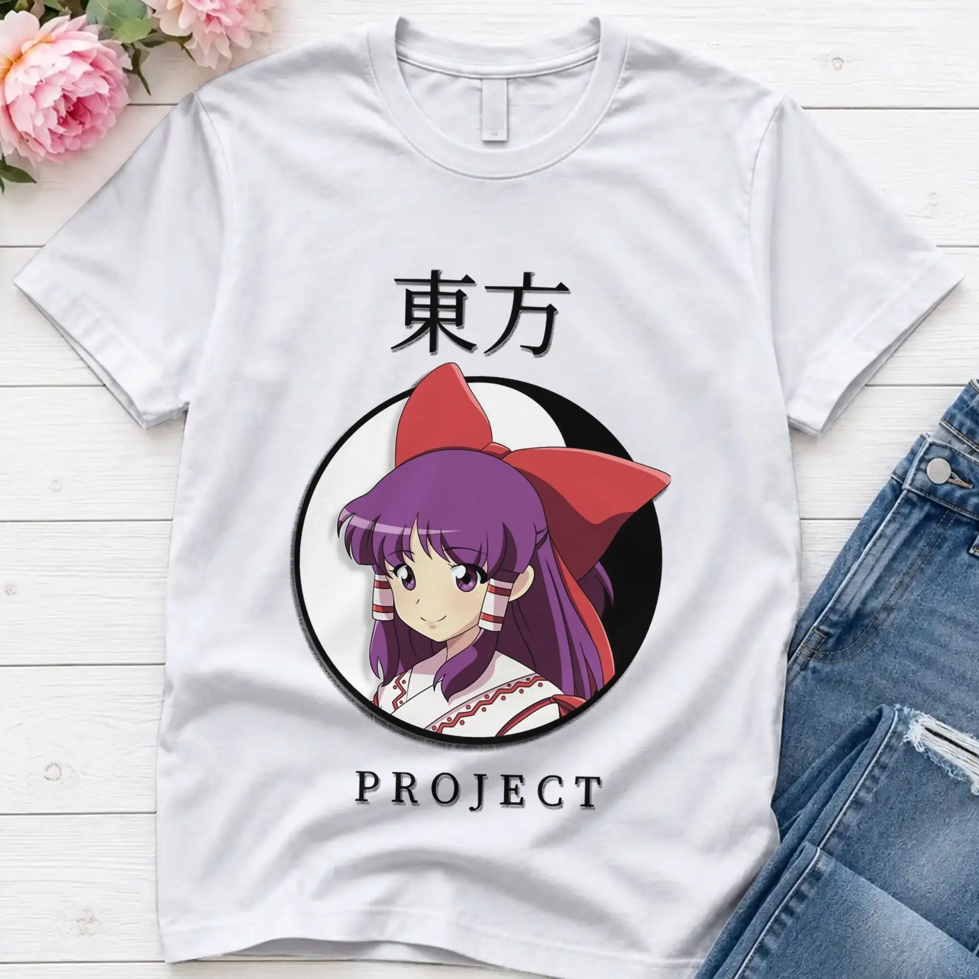 Men's Hakurei Sticker  T Shirts Touhou Project Pure Cotton Clothes Vintage Short Sleeve Round Neck Tee Shirt Plus Size T-Shirt