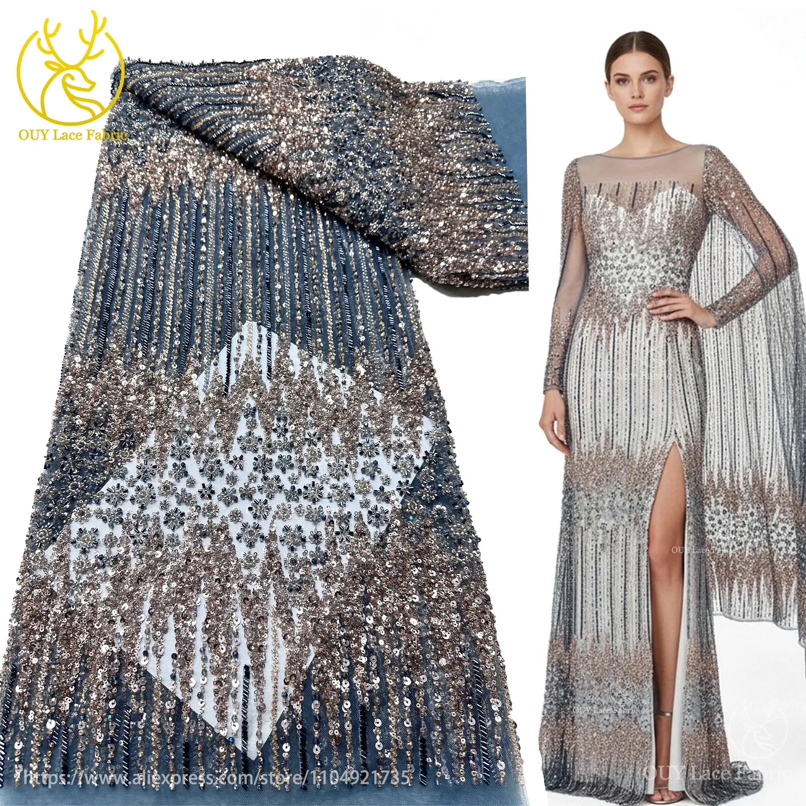 

Luxury African Heavy Beaded Lace Fabric 2025 High Quality Luxury French Sequins Embroidery Lace Fabric for Bridal Wedding Dresse