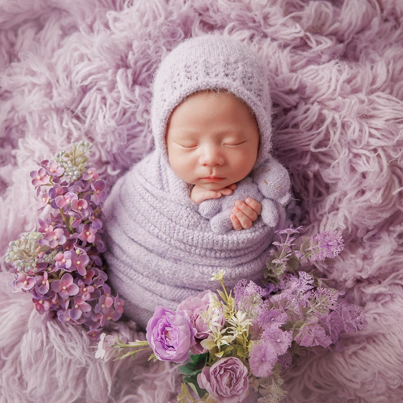 Acessórios para fotografia de recém-nascidos, chapéu de malha para foto de bebê, envoltório de lã, fundo de tiro de bebê, tema roxo, adereços de flores artificiais