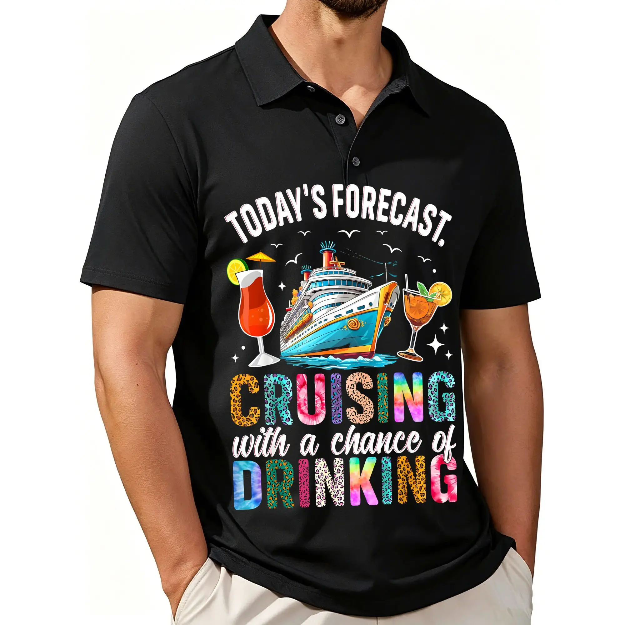 Men's Printed Short-Sleeved Polo Shirt 2025 Edition, with Fun Weather Forecast Text for Cruise Trips and Drinking Outings, Stylish and Casual Fit, Breathable Fabric, Suitable for All Seasons.