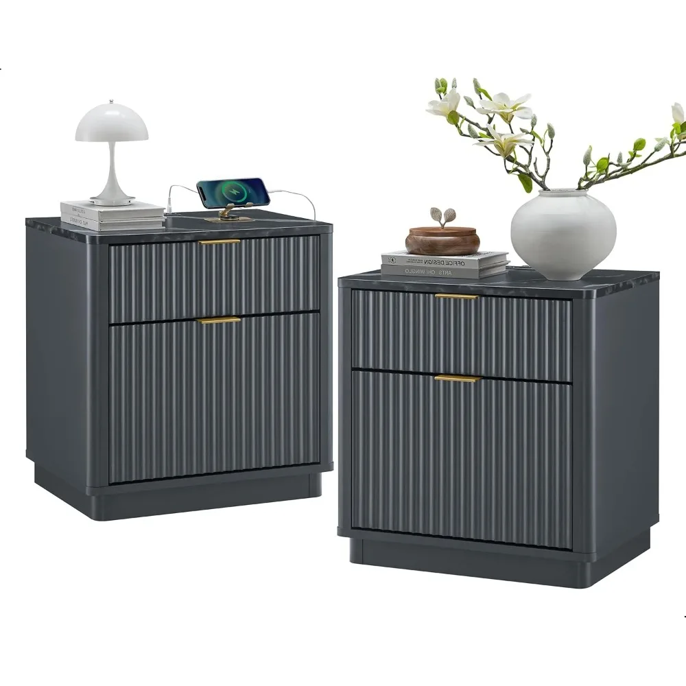 

23'' Fluted Nightstand Set of 2 with Charging Station, Large 2 Drawer Bedside Table, Modern End Table with Storage, Mid Century