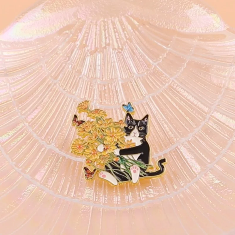 Cute Black Cat Enamel Pin Lapel Pin Flowers Brooches For Women Clothing Decoration Metal Pins Backpack Hat Badge Accessories