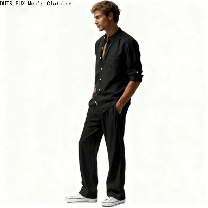 Conjunto de duas peças de algodão e linho masculino outono, camisa de manga comprida versátil simples de grandes dimensões + calças terno de linho confortável para homem