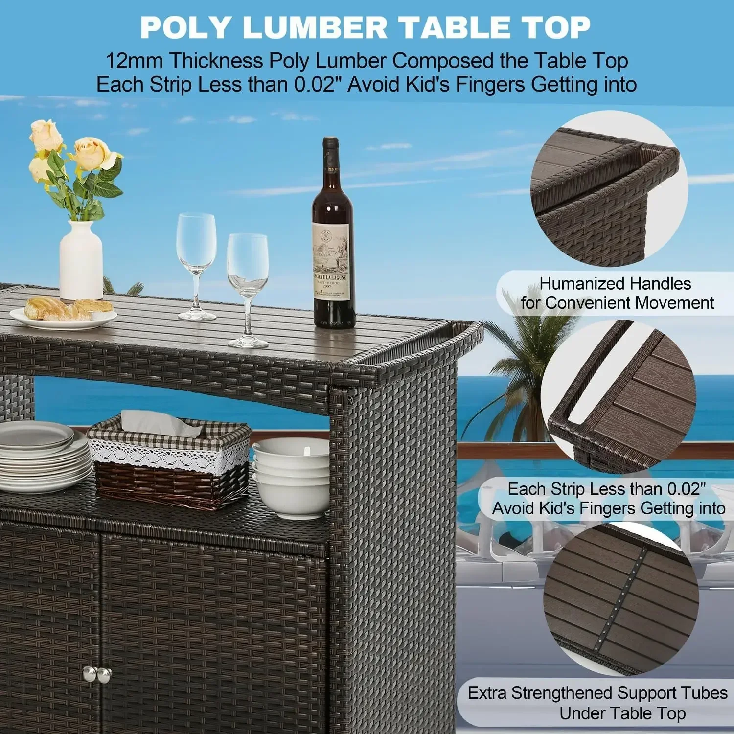 Bar Cart with Storage Cabinet Patio Wicker Sideboard Buffet Cabinet Prep Table Outside Kitchen Serving Cart with Rolling Wheels