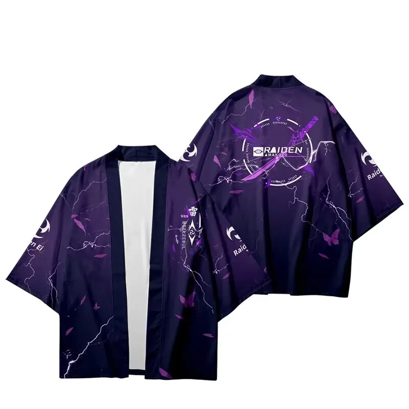 Raiden Shogun Cosplay Kimono Costume Beelzebul Tops Spring Fashion Printed Short Sleeve Party Cloak