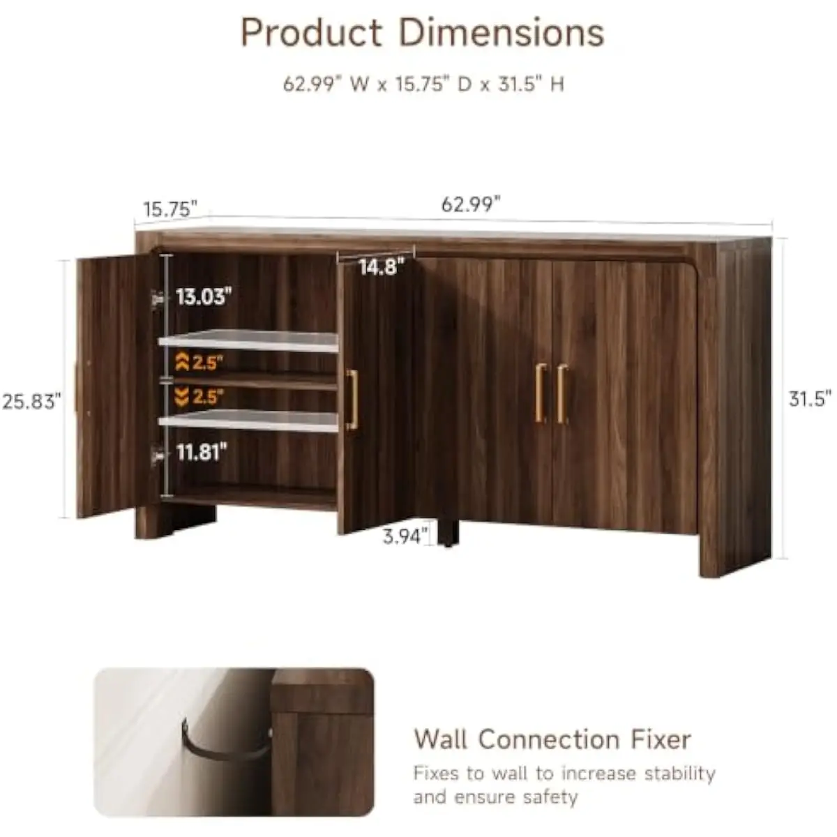 63 Inch Wide Engineered Wood Buffet Cabinet Featuring Adjustable Interior Shelves Spacious Top Surface For Appliances Flexible U
