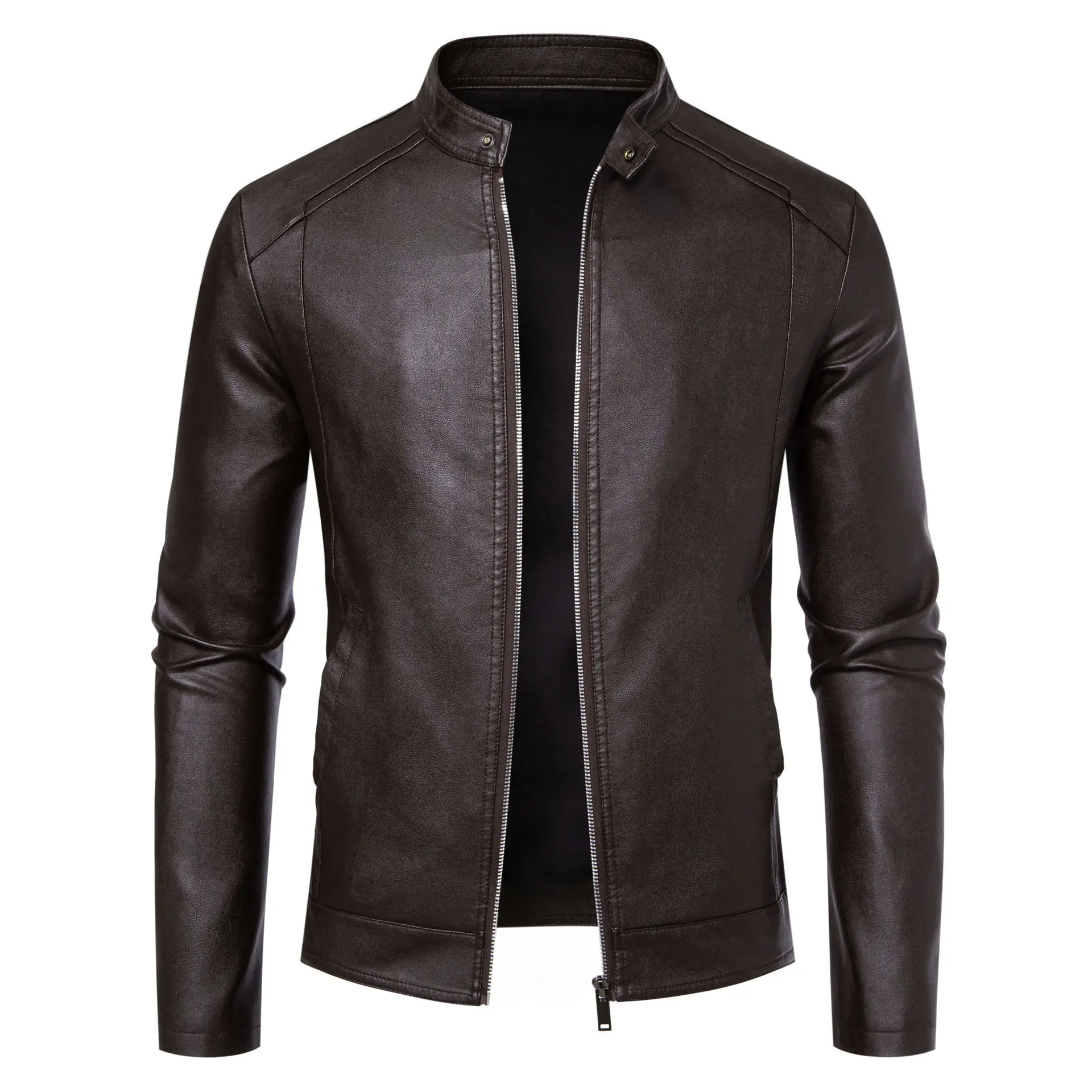 Men's Motorcycle Leather Jacket, Fashionable New Stand-Up Collar Leather Jacket, Casual and Form-Fitting Leather Jacket Coat