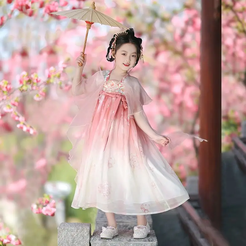 Vestido bordado de princesa de la dinastía Tang China Hanfu para niños, verano caliente, lindo