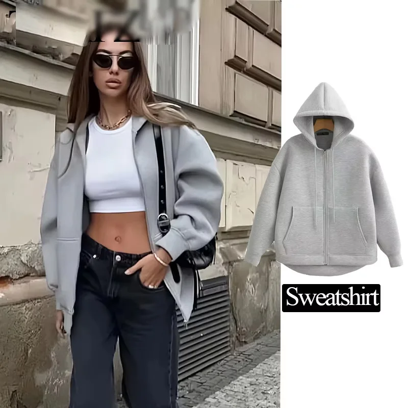 

Осенняя женская модная толстовка с капюшоном, однотонное серое пальто с длинными рукавами и карманами на молнии, свободное пальто, женская повседневная уличная одежда