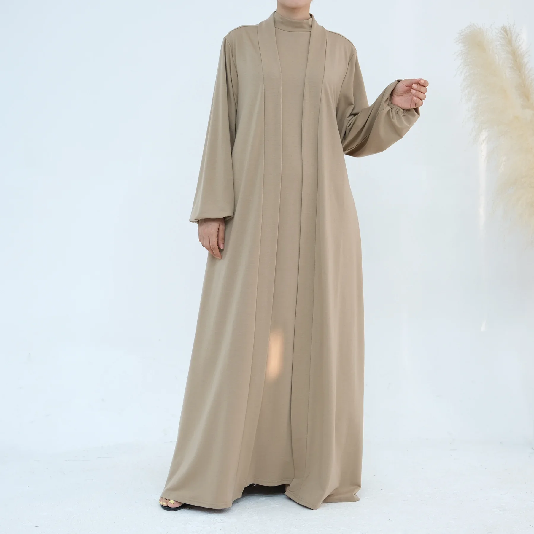 Plain Muslim Woman Set 2 Piece Abaya Kimono with Sleeveless Inner Dress Sets Islamic Matching Outfits Dubai Turkey Casual Abayas