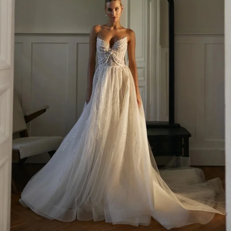 تخصيص العاج الكرة بثوب فساتين الزفاف الملكي الترتر زين ذيل طويل الترتر صنع رداء دي