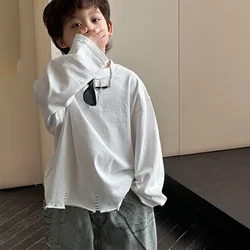 2025 New Spring Kids Children Undershirt Fashion Korean Casual Ripped Simple Style Long Sleeve Baggy Cool Boy