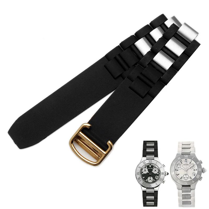 For Cartier 21 Chronoscaph W10198U2 W10125U2 W10197U2 W10184U2  Black Replacement Silicone Rubber Watch Band 20mmX10mm