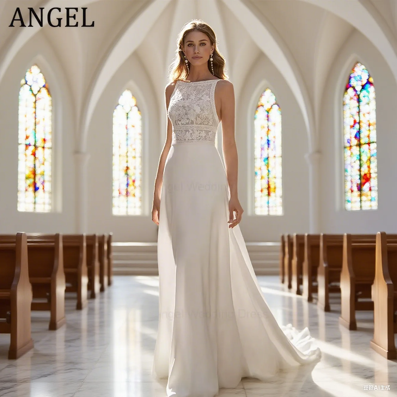 ANGEL فساتين زفاف أنيقة مخصصة حورية البحر للنساء 2025 دانتيل رقبة دائرية بدون أكمام زي العرائس سويب تراين فيستدوس دي نوفيا