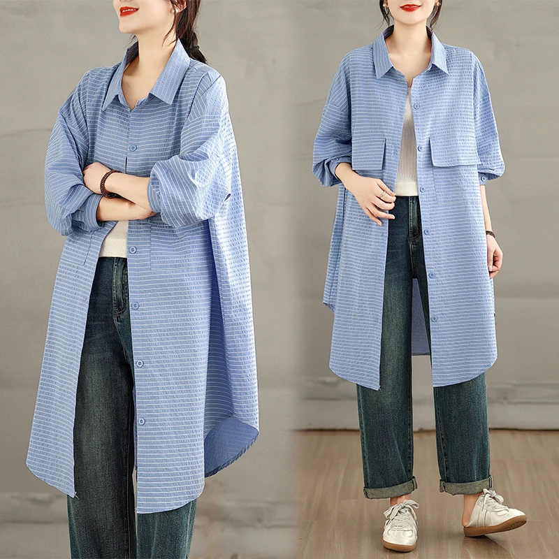 

Blue Thin Long Sleeve Shirt Women's Spring Summer New Style Lazy Texture Air Conditioning Outerwear Casual Chic Ladies' Top