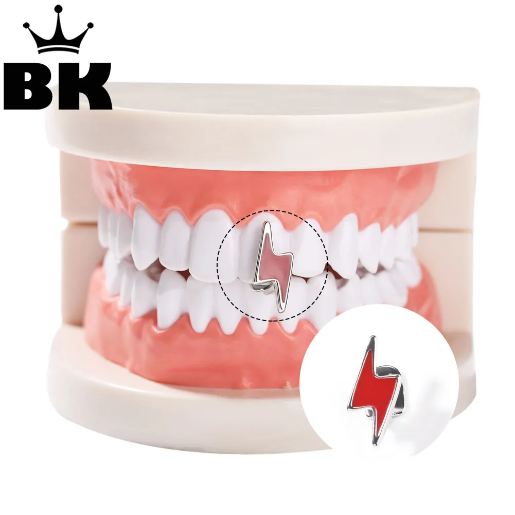 THE BLING KING 1pc Red Braces Vampire Teeth Dental Grillz Green Lighting Shaped Hip Hop Personality Women Men Punk Jewelry Gift