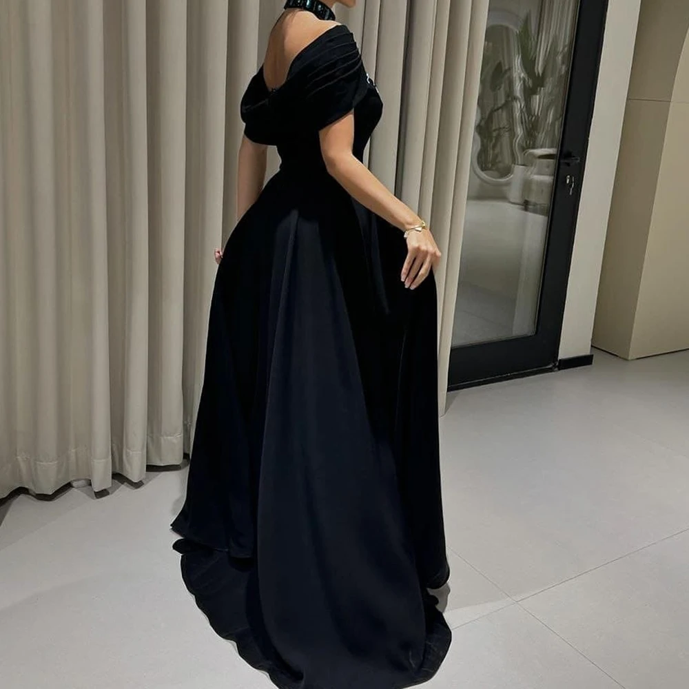 Graceful Crystal Off the Shoulder Jersey Evening Dresses Fashion Straight Floor Length High Neckline Short Sleeves Party Dress