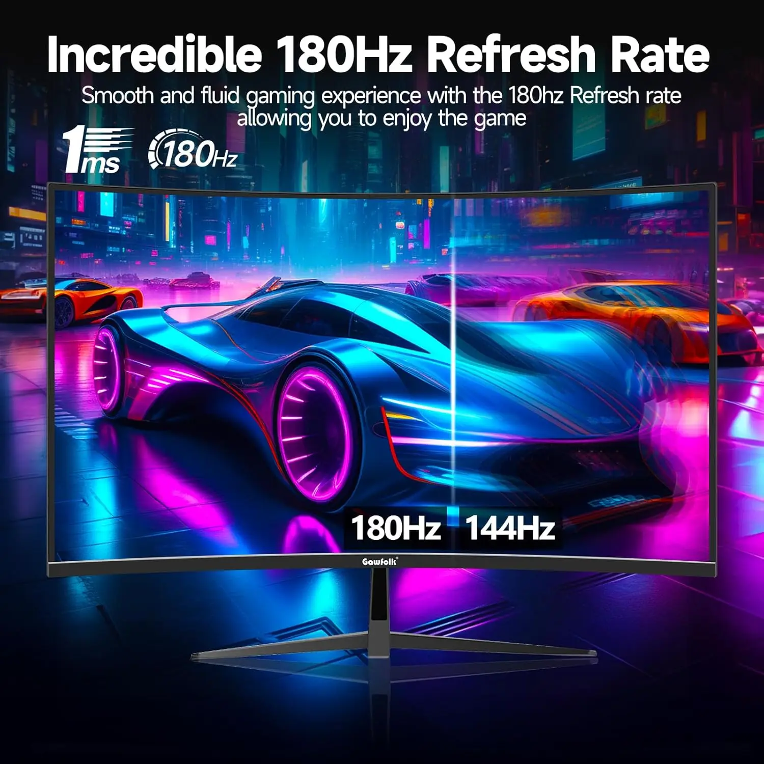 Gawfolk 32 Inch Curved Gaming Monitor, FHD 1920×1080, 1800R Curved Screen, 180Hz Refresh Rate, Contrast Ratio, Frameless VA Display, HDMI & DP Ports, VESA Mountable, Eye Care for PC Gaming & Office
