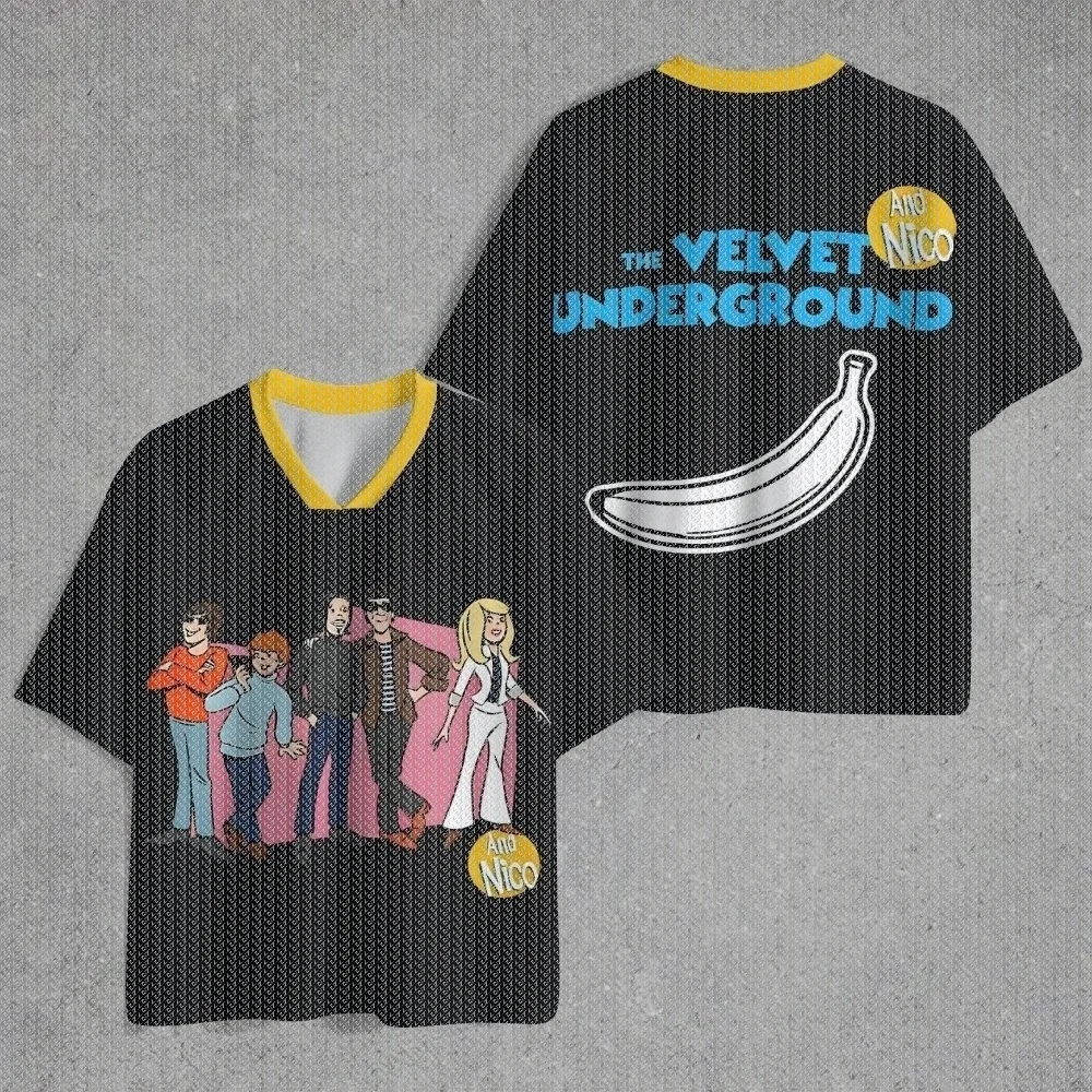 V Neck Black Yellow Trim Mesh Jersey T Shirt Cartoon Band Characters Banana Graphic Front Back Retro Rock Streetwear Top