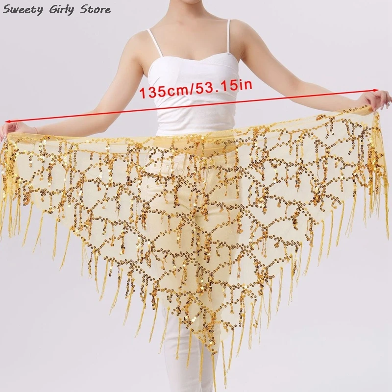 

Chiffon Skirt Sequins Coin Belly Dance Women Performance Hip Scarf Indian Dancing Practice Waist Chain Tassel Shiny Belts Skirts