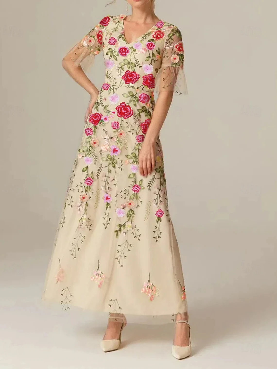 

Elegant Vintage A-Line Evening Dress V Neck Short Sleeve Tulle Flower Appliques Ankle Length Prom Gown 2025 free customized