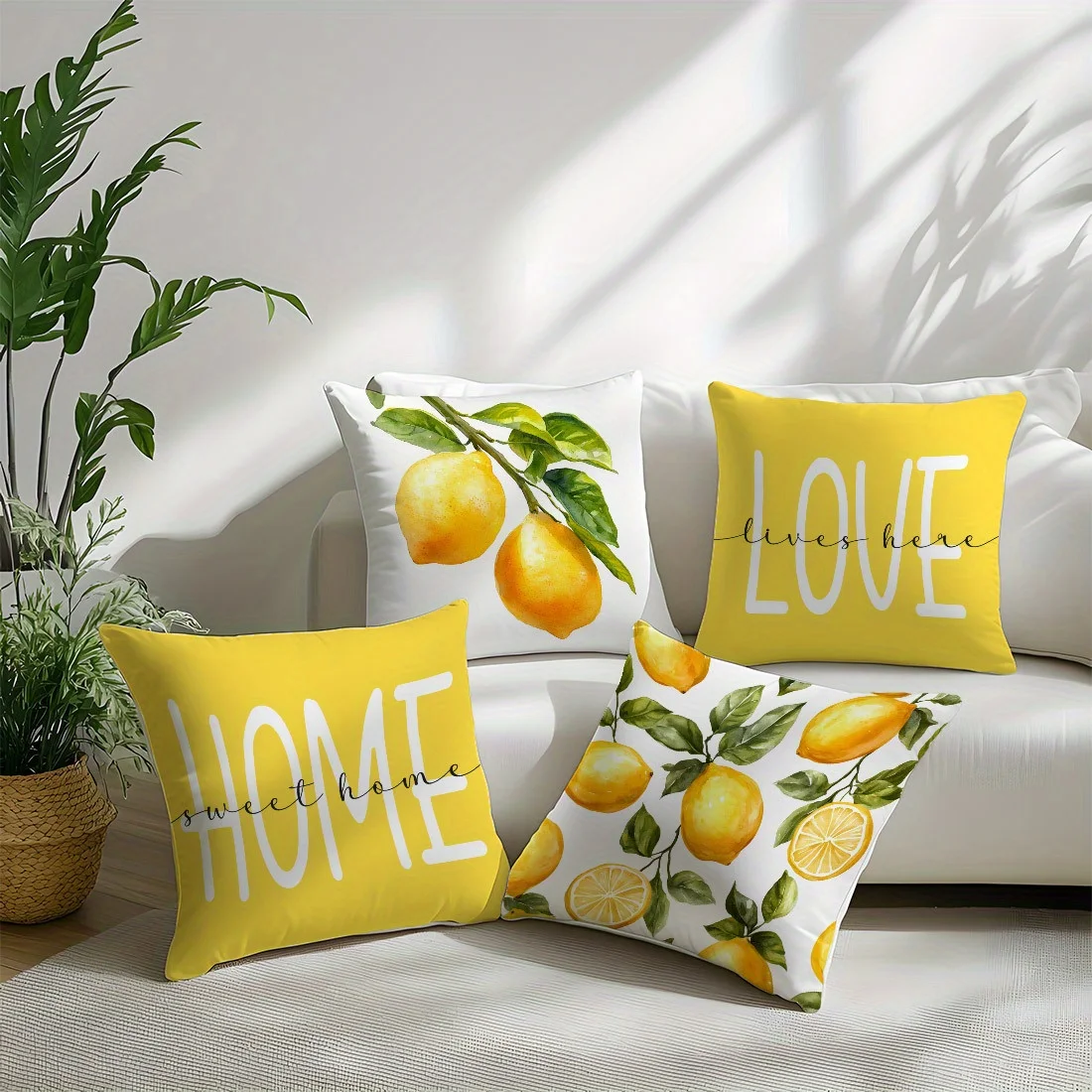 4Pcs, Fresh Lemon Style Pillow Covers, Single-Sided, Zipper Closure, Washable Polyester - Perfect for Sofa, Living Room, Bedroom Decor, Decorative Pillows.