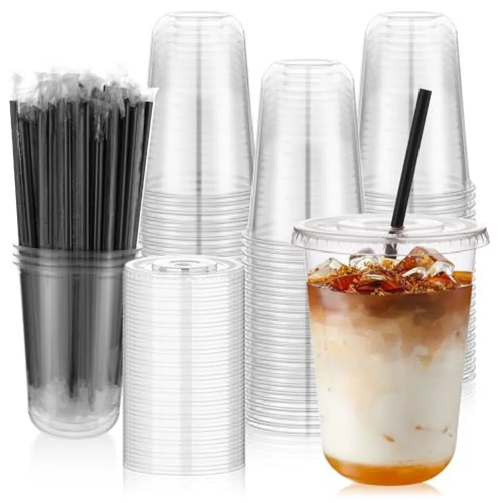 Tchrules 100 Set 16oz Clear Plastic Iced Coffee Cups with Lids and Straws Disposable, To Go, Round Bottom, Leak-Proof, for Cold Drinks Lemonade Matcha Slushie Smoothie, Cafe Soda Bar Party Supplies