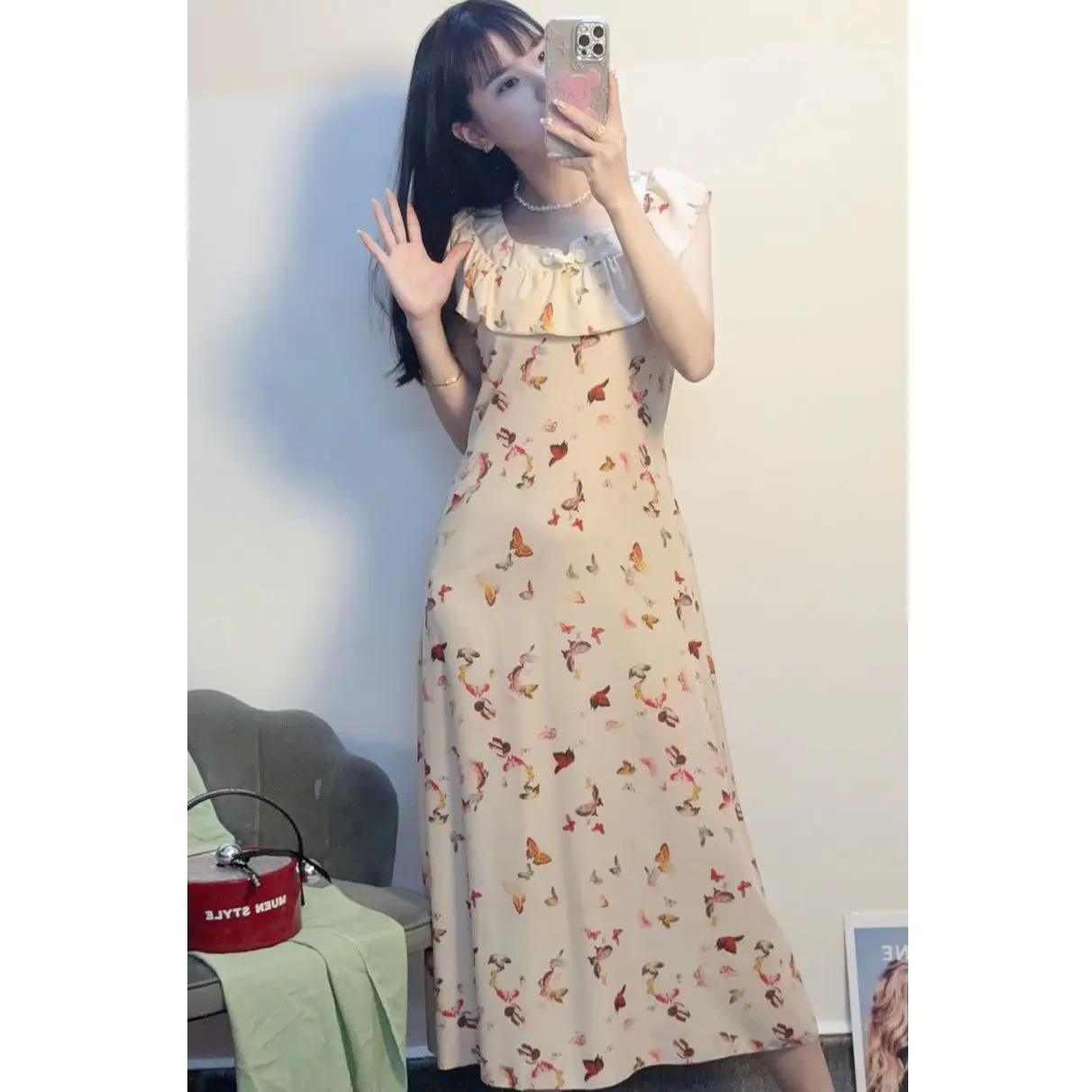 드레스 민소매 여성 보헤미안 스타일 봄 시폰 레이스업 주름 플러터 레이어드 케이크 드레스 랜턴 슬리브 프렌치 스타일 스위트하트