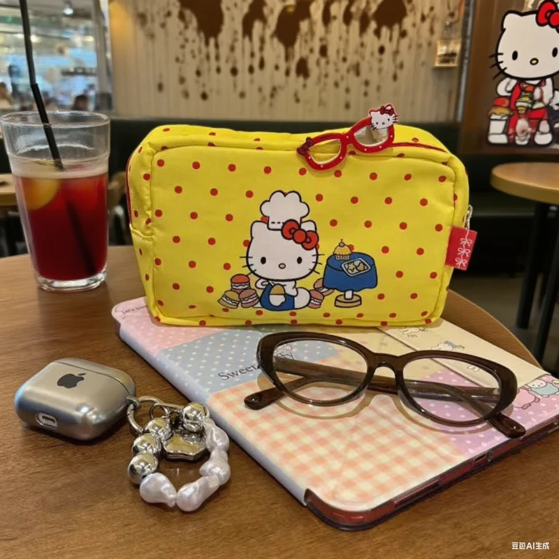 

Kawaii Sanrio Hello Kitty Canvas Makeup Bag Cute Cartoon Girl Heart Large Capacity Portable Handbag for Women Storage Toy Gift