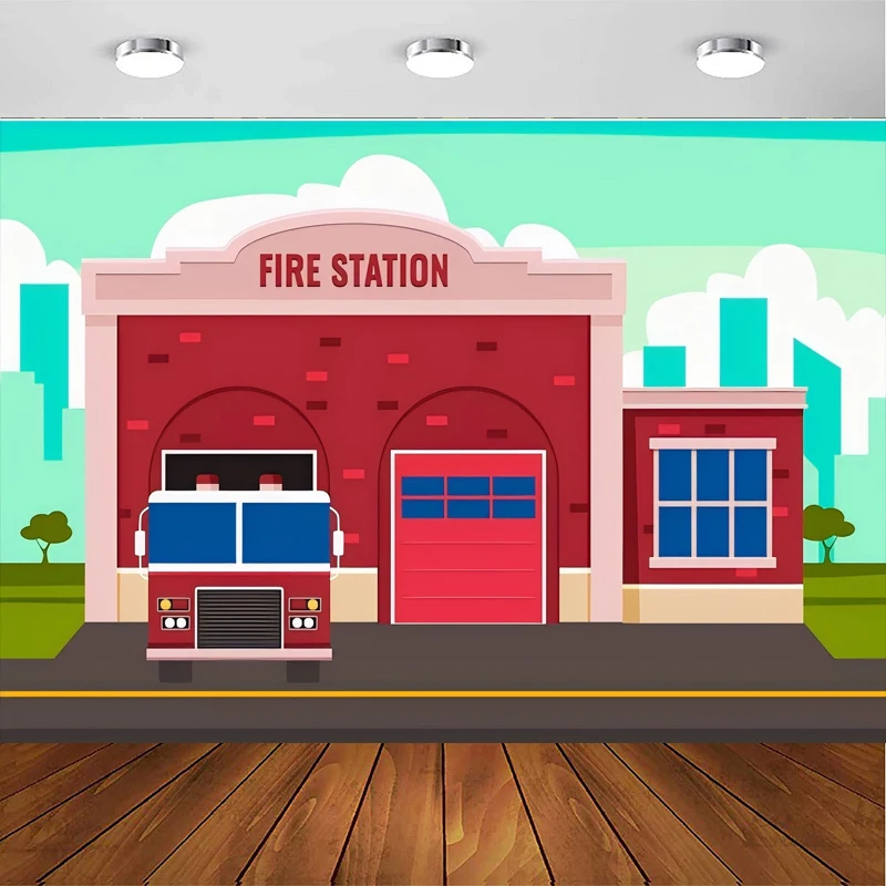 Cartoon Stadt Feuerwache Fotografie Hintergrund Feuerwehrmann Thema Feuerwehrmann Geburtstag Hintergrund Party Feuerwehrauto Kuchen Tisch Dekor