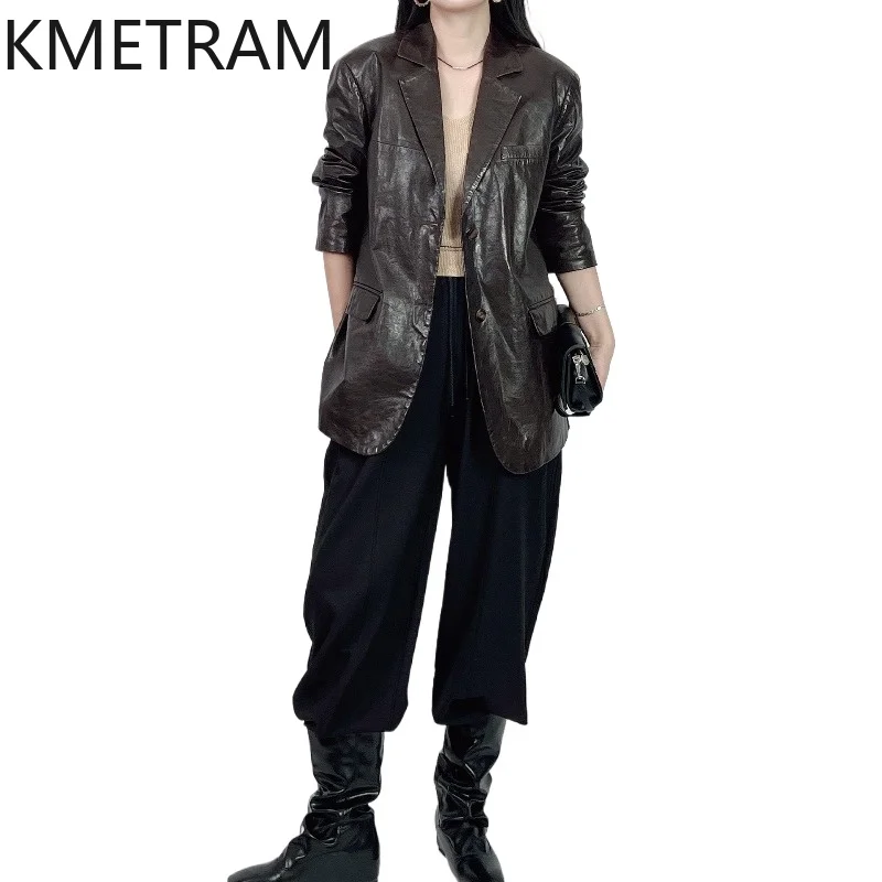 KMETRAM 100% Genuine Sheepskin Leather Jacket Woman Korean Style Blazer Coat Fashion Mid-Length Coats 2026 Autumn Women Clothing