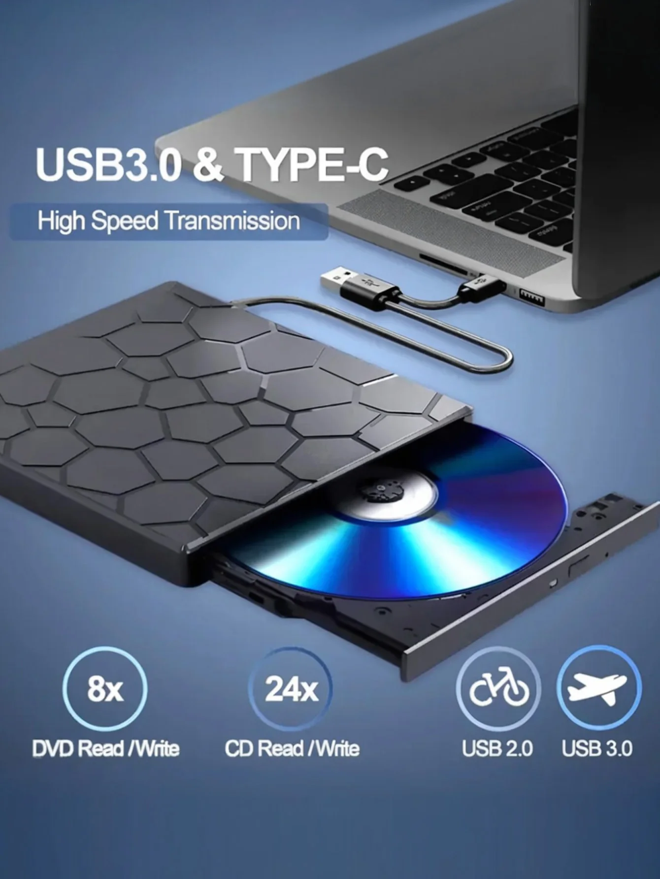 Unità CD/DVD esterna per laptop, lettore portatile ultrasottile USB 3.0 8 in 1, lettore e masterizzatore CD/VCD/DVD