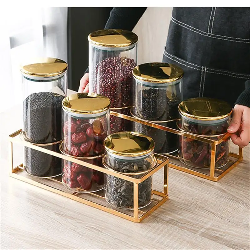 Transparent Glass Jars and Lids Kitchen Canister Sets Cereal Dispenser Suger Jar Food Sealed Cans Storage Box with Shelf