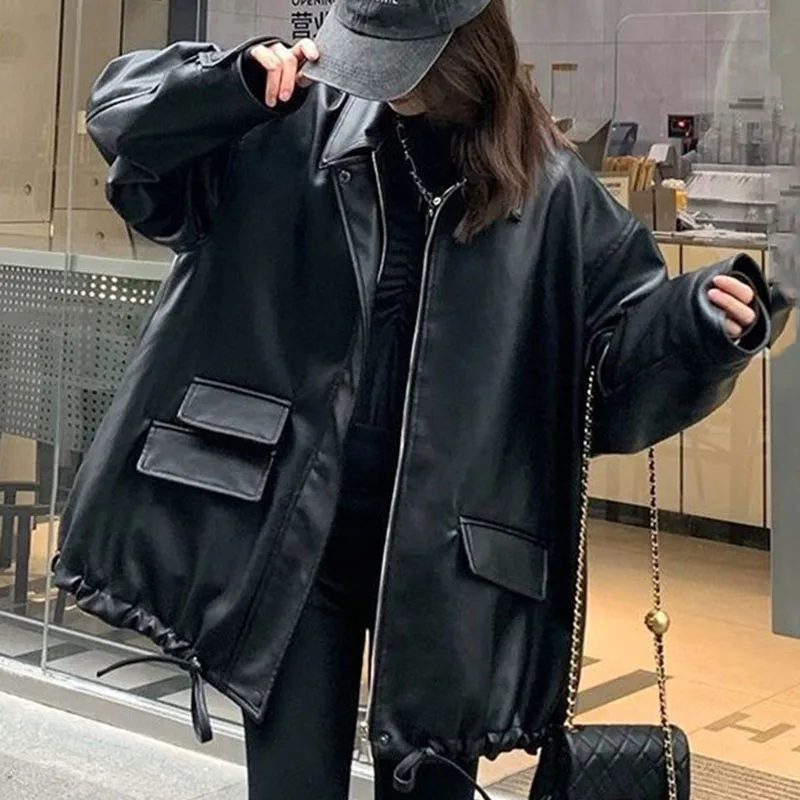 Spring Autumn Femme Solid Color Faux Leather Coat 2025 Women Long Sleeves Leather Jacket Korean Lady Fashion PU Leather Outwear