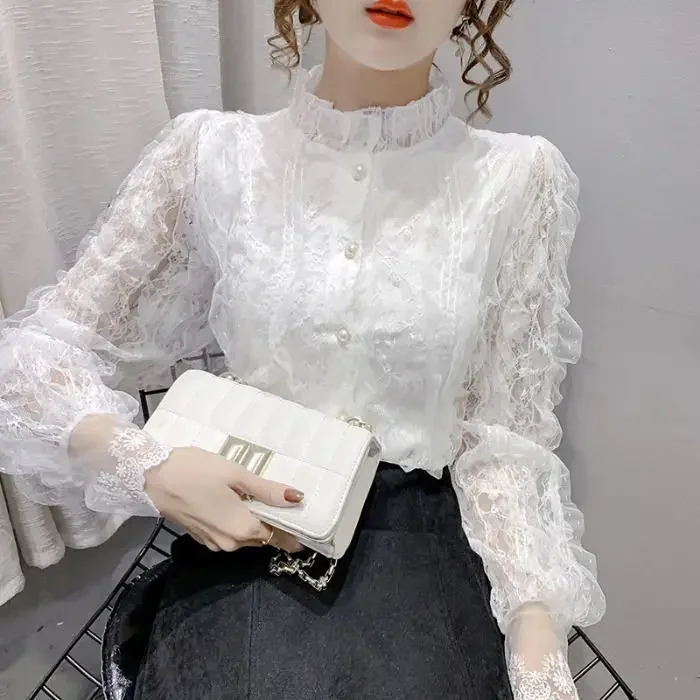 Blouse Women Shirt Lace Long Sleeve Women\'s Clothing Spring Lantern Sleeve Stand Collar Cardigan Top Blusas Mujer De Moda