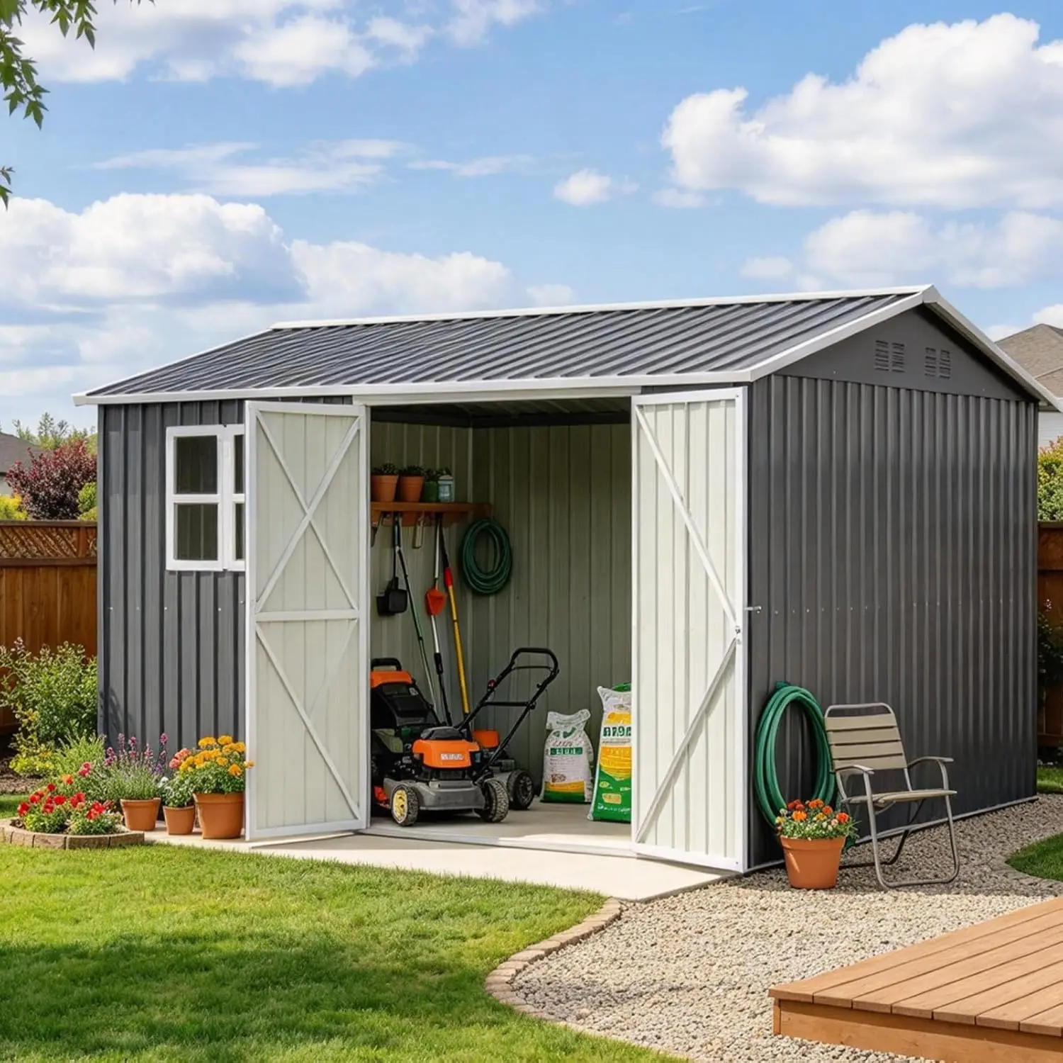 14x10 FT Outdoor Metal Storage Shed with Double Hinged Door, Customized