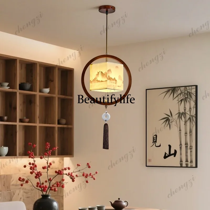 Solid wood bamboo small chandelier living room entrance Zen new Chinese aisle small square bedside bed and breakfast lamps