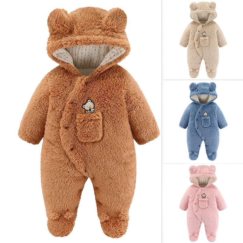

2025 Baby Bear Romper Cute Plush Hooded Jumpsuit 0-12M Newborn Clothes Infant Boy Girl Overall Autumn Winter Warm Onesie Outfit