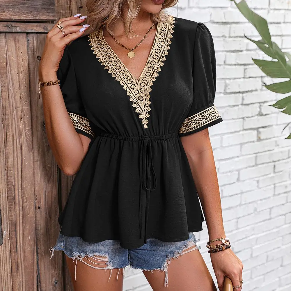 

Women's Lace ort Sve T-irt Waist Cinched irt Casual Summer Faion Soft Material Comfortable Fit ort Length